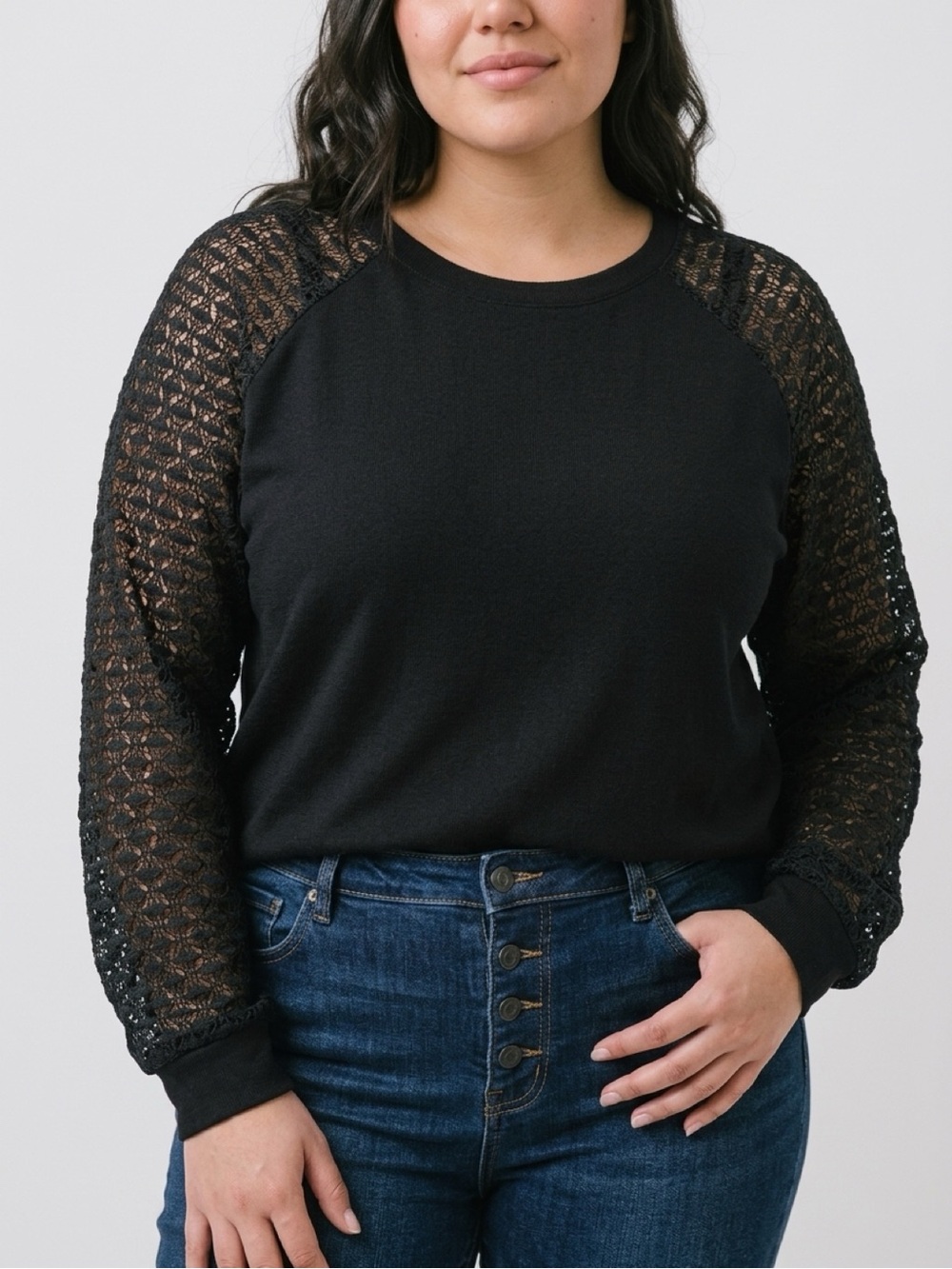 Black Lace-Arm Long Sleeve Pullover Top